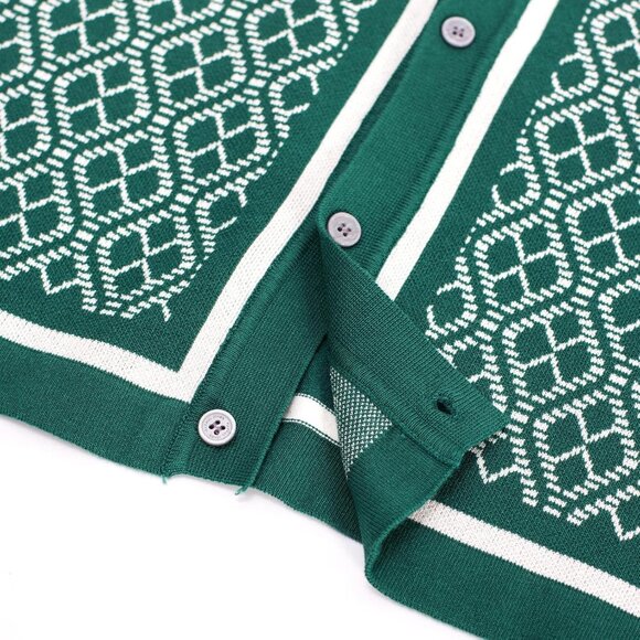 Men's Pure Green Viscose 70s Vintage Short Sleeve Contrast Knitted Polo Shirts - Picture 4 of 6